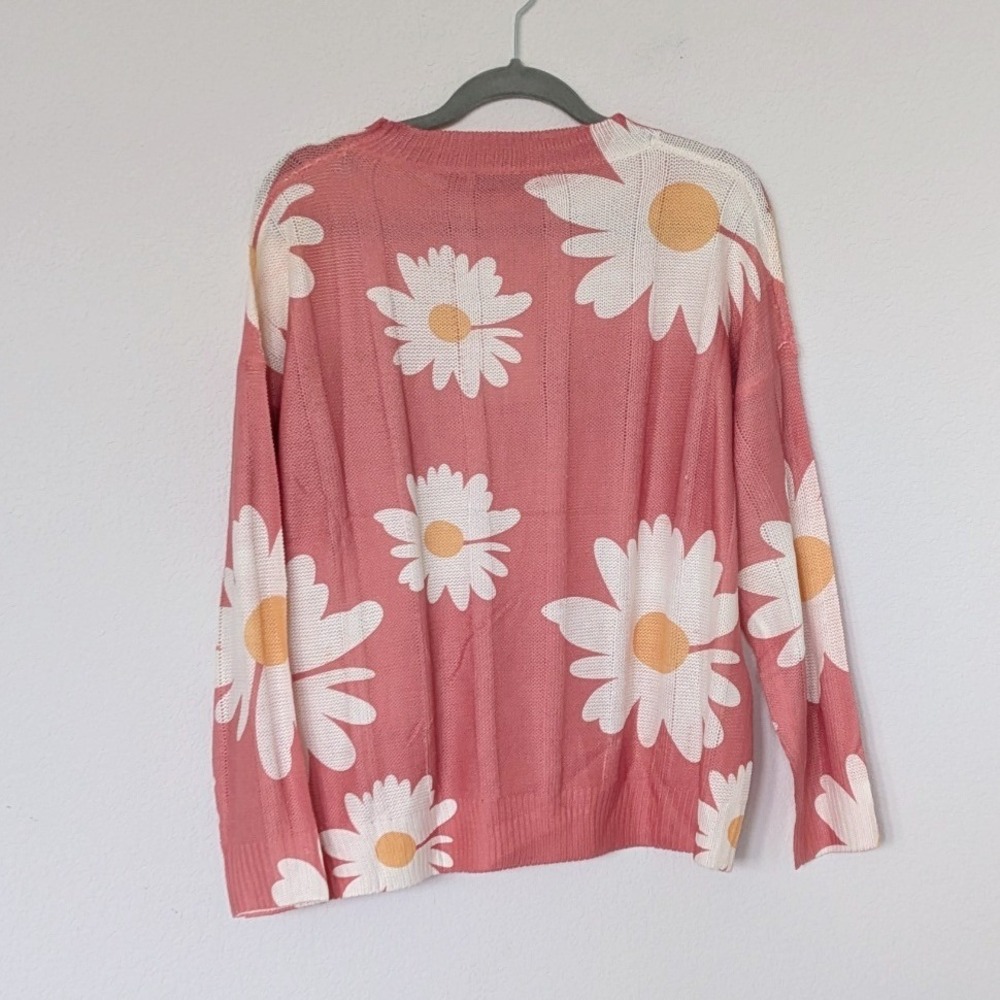 Davi & Dani Daisy Floral Knit Sweater Womens Small Pink Pointelle Pullover Boho - Picture 3 of 7